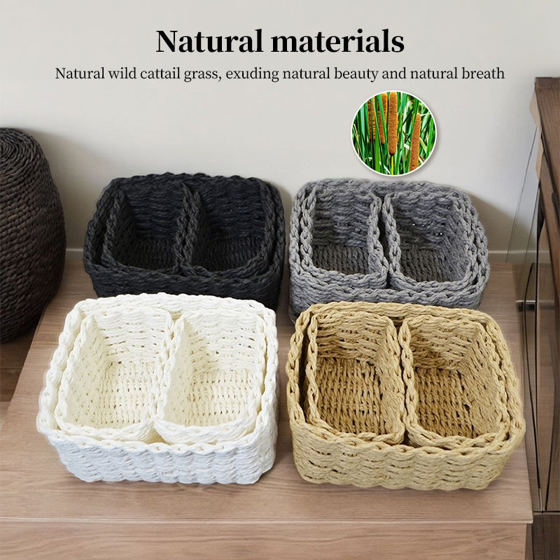 3-Piece Handmade Straw-Woven Paper-Rope Storage Baskets (Decorative & Office Use)