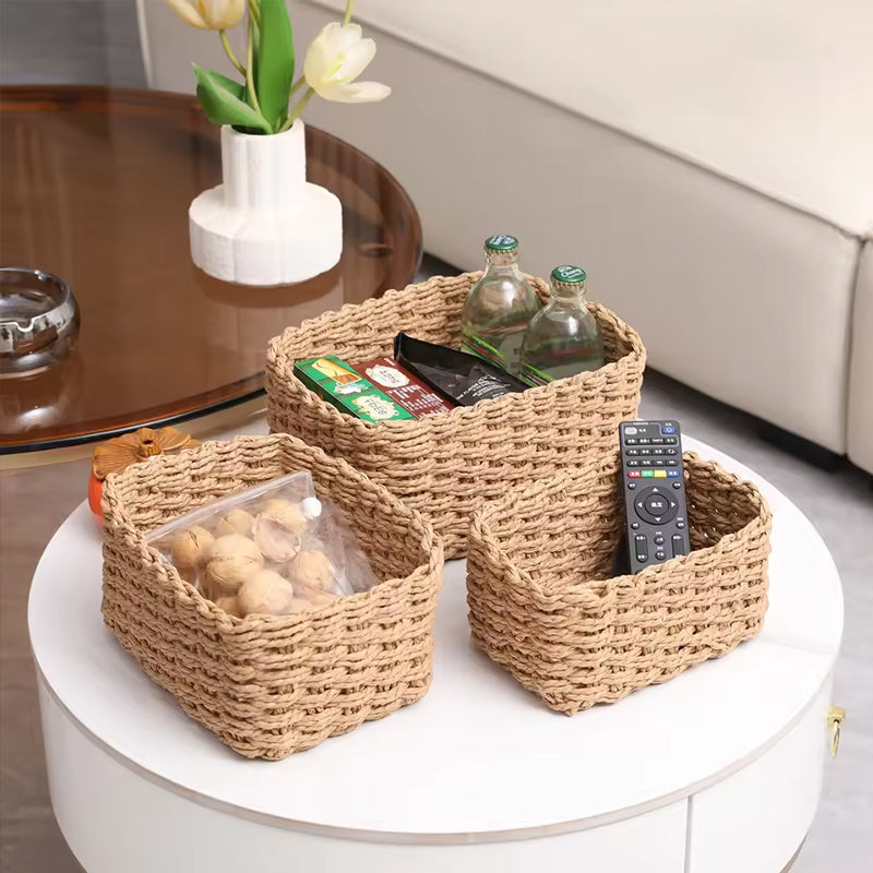 3-Piece Handmade Straw-Woven Paper-Rope Storage Baskets (Decorative & Office Use)