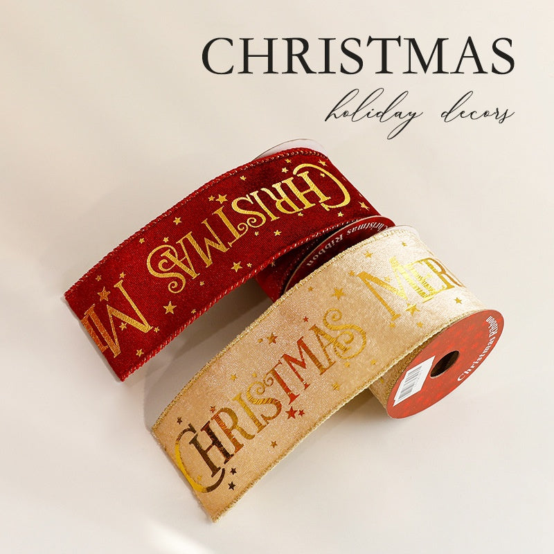 Fashion Gold Foil Ribbon Christmas Decoration Gift Bow Wrap Printed Satin Ribbon